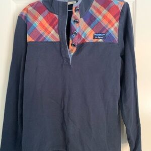 L.L. Bean Cotton Quarter Button Up Navy with orange Plaid Accents